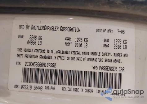 2006 Chrysler 300 Touring z USA, uszkodzony, nr VIN 2C3KA53G66H187992